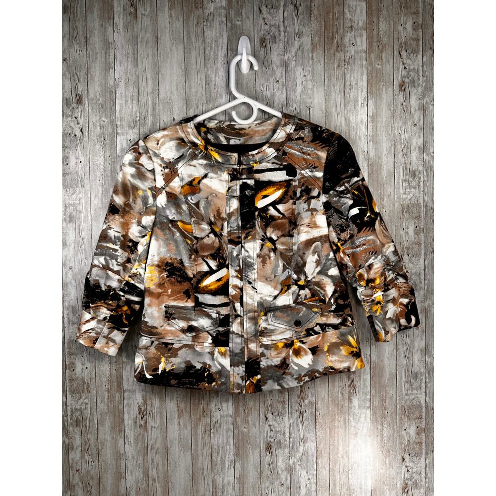 Coldwater Creek Jacket Womens P12 Brown Black Print‎ Full Zip Round Neck Pocket